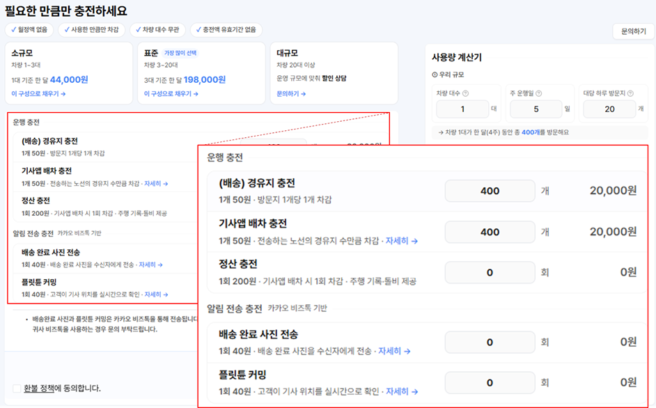 충전 화면과, 그 안의 구입 항목 다섯 가지를 확대한 그림 — 운행 충전((배송) 경유지 충전 1개 50원, 기사앱 배차 충전 1개 50원, 정산 충전 1회 200원)과 알림 전송 충전(배송 완료 사진 전송 1회 40원, 플릿튠 커밍 1회 40원)