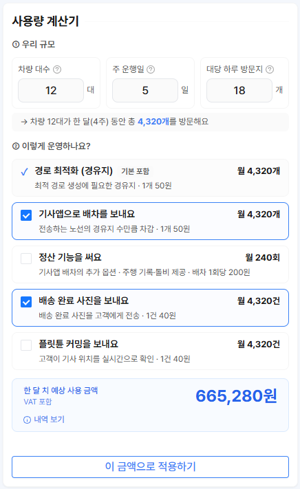 사용량 계산기에 예시 회사 값을 넣은 화면 — 차량 대수 12, 주 운행일 5, 대당 하루 방문지 18. 차량 12대가 한 달(4주) 동안 총 4,320개를 방문해요. 경로 최적화(경유지)는 기본 포함으로 월 4,320개, 체크한 기사앱으로 배차를 보내요 월 4,320개와 배송 완료 사진을 보내요 월 4,320건, 체크하지 않은 정산 기능 월 240회와 플릿튠 커밍 월 4,320건. 한 달 치 예상 사용 금액 665,280원 VAT 포함